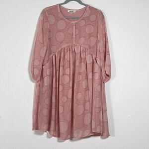Jian Ruyi Mini Dress Sz XL Pink Polka Dot 3/4 Sleeve Relaxed Lagenlook